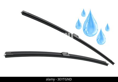 Tergicristalli per auto con gocce d'acqua blu. Rendering 3D isolato su sfondo bianco Foto Stock