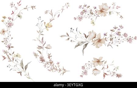 Set di allestimenti floreali autunnali con acquerello Boho, ghirlanda nuziale autunnale e bouquet Clipart, elementi vettoriali botanici con crema e rosa tenue per il design Illustrazione Vettoriale