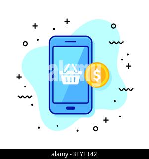 Icona di smartphone con cestino della spesa e moneta d'oro per il concetto di shopping online mobile Illustrazione Vettoriale