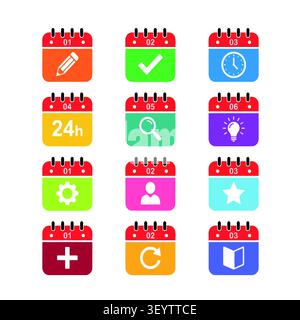 Set di icone colorate per calendario con vari simboli aziendali ed elementi di interfaccia Illustrazione Vettoriale