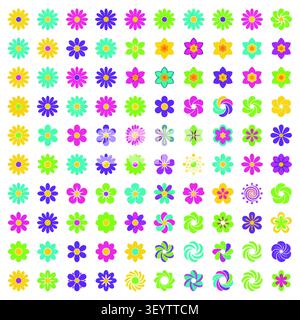 Griglia colorata di 64 icone di fiori stilizzati – Collezione di motivi floreali vivaci in forme e colori assortiti Illustrazione Vettoriale