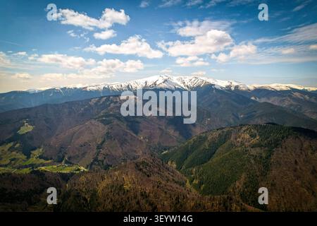 Vista aerea dei monti Piatra Craiului con cime innevate e pendii boscosi, Satic, Arges, Romania. Foto Stock