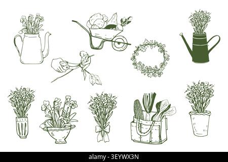 Set di bouquet in diversi vasi e pentole Illustrazione Vettoriale