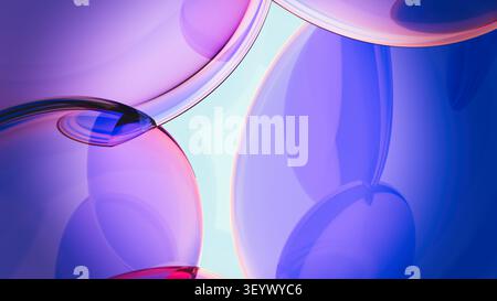 Rendering 3D astratto di vivaci sfere di vetro viola e blu, sfondo lucido con forme fluide traslucide. Foto Stock
