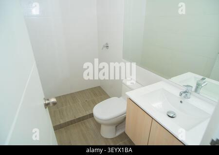 Interno di bagno minimalista moderno con toilette bianca, lavandino in legno e zona doccia piastrellata Foto Stock