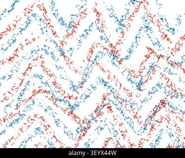 Un energico motivo chevron disegnato a mano in rosso e blu, costruito con linee e segni striati espressivi per una texture artistica e grezza. Foto Stock