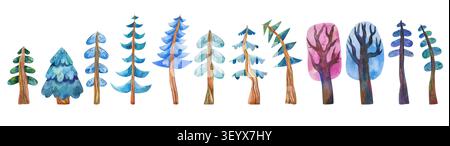 Alberi di foresta invernale con acquerello adagiati con abeti blu e pini innevati rosa elementi del paesaggio invernale per le feste natalizie di Capodanno Foto Stock