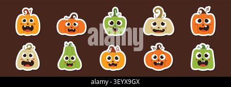 Una collezione di adorabili zucche e cartoni animati con una forma unica e un'espressione allegra, perfetta per i disegni a tema autunno o Halloween. Illustrazione Vettoriale