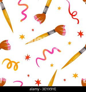 Motivo senza cuciture con pennelli artistici e coriandoli di stelle brillanti per tessuti back-to-School, biglietti di auguri per la stampa di carta e lezioni di arte creativa Foto Stock