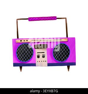 Vivace boombox rosa, illustrazione del lettore cassette, stereo radio in stile anni '80, anni '90, per volantini per festival giovanili, scuola, discoteca, eventi, festa, stampa poster Foto Stock