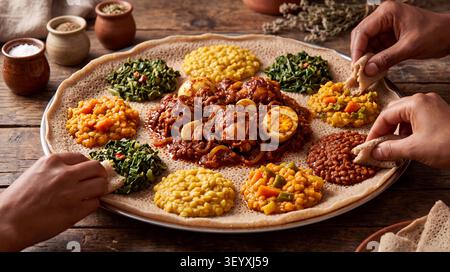 Autentico injera etiope servito con Doro Wat, uno stufato di pollo speziato con miscela di spezie berbere, cipolle, aglio e uova sode. Il grande fermento Foto Stock
