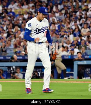Los Angeles, United States. 03rd July, 2026. Dodgers pitcher Shohei Ohtani pumps his fist after getting San Diego's Manny Machado to ground out in the fifth inning on Friday, July 3, 2026. Ohtani left the game in the seventh in a "precautionary" move after feeling something in his right biceps. Photo by Jim Ruymen/UPI Credit: UPI/Alamy Live News Foto Stock
