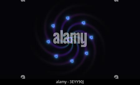 Il design presenta un motivo a spirale con forme blu brillanti disposte in un formato circolare su uno sfondo scuro. Le luci creano un catchi d'occhio Foto Stock
