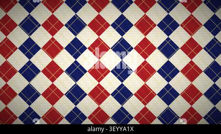 Il design presenta una griglia di forme di rombo rosso, bianco e blu su uno sfondo chiaro. Il motivo sfoggia un look geometrico classico e audace. Foto Stock