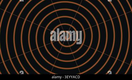 Il design presenta una serie di linee concentriche a spirale in arancione su uno sfondo nero. Questo motivo crea un effetto visivo sorprendente, adatto a f Foto Stock