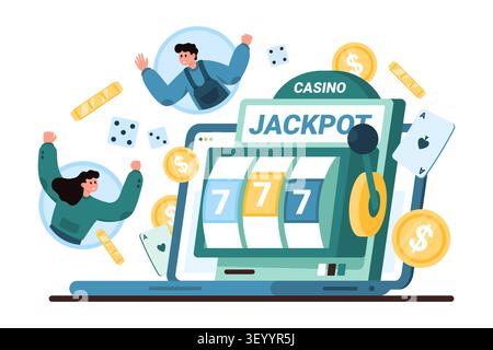 Concetto di jackpot di casinò online con slot machine, sette fortunati, monete, carte, dadi e giocatori che festeggiano sullo schermo del laptop, isolato su sfondo bianco, illustrazione vettoriale Illustrazione Vettoriale