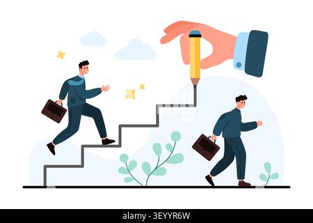 Uomo d'affari sale scale disegnate verso la crescita professionale mentre un altro cammina sotto, mostrando il concetto di successo e fallimento nella promozione in un'illustrazione vettoriale flat design pulita Illustrazione Vettoriale