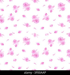Motivo ad acquerello senza cuciture in un'estetica da coquette, con romantiche rose rosa e delicati petali. Design floreale disegnato a mano Foto Stock