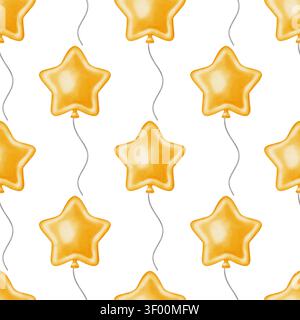 Acquerello luminoso motivo senza cuciture con palloncini a forma di stella dorata. Sfondo delle feste disegnato a mano per compleanno, inviti a feste, design per bambini, Foto Stock