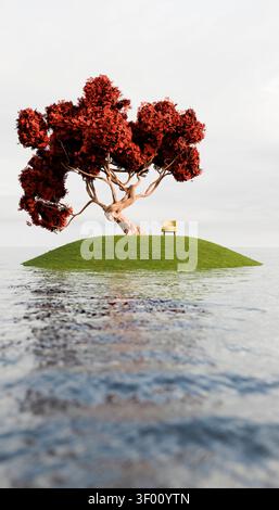 Una scena serena caratterizzata da un vibrante albero rosso su una piccola isola erbosa circondata da un mare calmo, coronata da un cielo morbido. Cattura la tranquillità e la natura Foto Stock