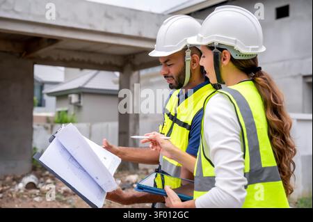Le donne project manager e gli ingegneri civili che indossano giubbotti di sicurezza e caschi ispezionano un sito di sviluppo abitativo, discutendo i dettagli dell'avanzamento del progetto wi Foto Stock
