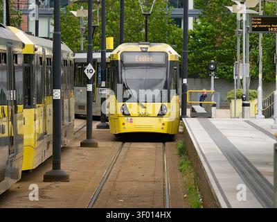 Salford, Manchester, Regno Unito, 4 luglio 2026: Tram Manchester Metrolink che arriva alla piattaforma della stazione di Eccles, sistema di trasporto pubblico urbano nello United King Foto Stock