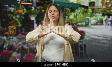 Una giovane donna spinge le palme insieme in preghiera in mezzo a un mercato di fiori di strada affollato che tiene gli occhi chiusi e la postura calma; serenità consapevolezza. Foto Stock