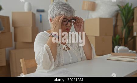 Senior Grey Haired Plus size rimuove gli occhiali e strofina le tempie in mezzo a scatole mobili impilate nell'edificio, spostando lo stress. Foto Stock