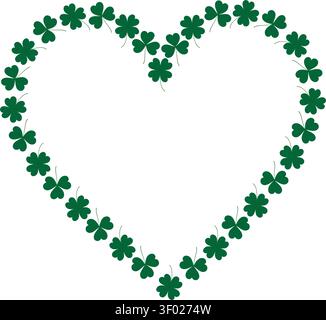 Le foglie di trifoglio fortunato formano una cornice cardiaca su sfondo trasparente Copia modello spazio. Illustrazione vettoriale isolata disegni del giorno di San Patrizio, biglietti d'auguri, branding, packaging, poster o grafica Web Illustrazione Vettoriale