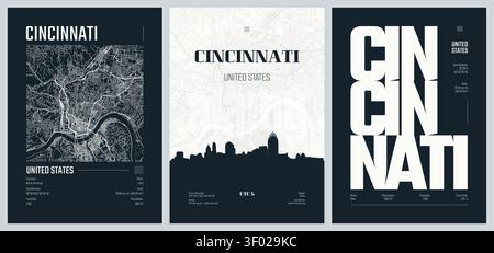 Mappa dettagliata delle strade urbane Cincinnati la città più popolosa della contea di Hamilton, Ohio, Stati Uniti, Vector serie di manifesti di viaggio, Silhouett Illustrazione Vettoriale