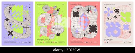 Futuristici elementi a reticolo grafico astratto di forme geometriche composizione rave, poster minimalistici vettoriali in stile brutale Set 105 con silhouette Illustrazione Vettoriale
