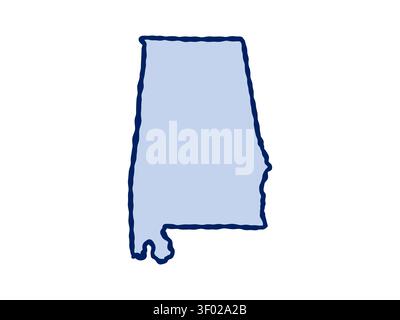 Illustrazione in stile doodle della mappa dello stato dell'Alabama, caratterizzata dalla forma riconoscibile dell'Alabama in un semplice design disegnato a mano. Illustrazione Vettoriale