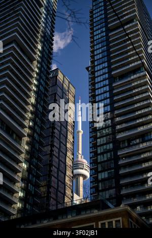 Guardando in alto tra i grattacieli si scopre la CN Tower Toronto Canada Foto Stock