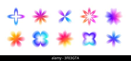 Confezione floreale sfumata arcobaleno sfocato. Collezione di forme di fiori sfocati e fluide. Elementi di sbiadimento astratti per adesivi, poster, badge, collage. Set di aura floreale con gradazione luminosa vettoriale Illustrazione Vettoriale