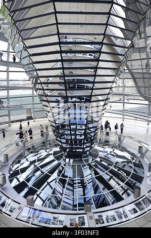 Der Plenarsaal. Die Lichtspindel, oft auch als Lichtkegel oder Spiegeltrichter bezeichnet, ist das architektonische und energetische Herzstück im Inneren der Glaskuppel des Reichstagsgebäudes, dem Sitz des Deutschen Bundestages a Berlino. Er erstreckt sich über zwei Etagen und wird von der weithin sichtbaren, 23 Meter hohen Glaskuppel gekrönt, durch die Tageslicht in den Saal geleitet wird. DAS Reichstagsgebäude a Berlino ist der offizielle Sitz des Deutschen Bundestages. Die Außenansicht ist geprägt von der historischen Neorenaissance-Fassade des Architekten Paul Wallot und der modernen, Weit Foto Stock