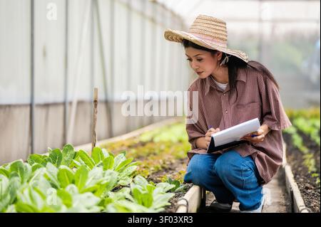 Studente agricolo asiatico ispeziona la lattuga in serra con appunti per prendere appunti, controllando verdure biologiche nella ricerca, cibo ecologico pr Foto Stock