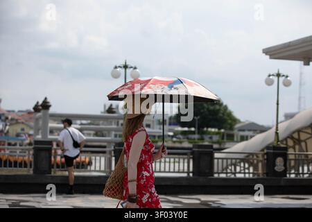 Donna con cappello di paglia che regge ombrello, profilo laterale. Foto Stock