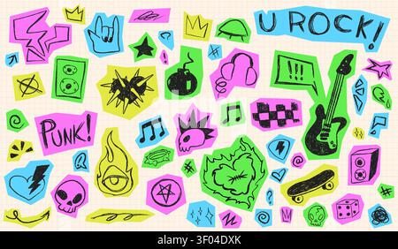 Adesivi in carta con scarabocchi neri per il design di album. Set vettoriale di patch grunge con simboli e scarabocchi ritagliati in stile punk, arte collage retrò con punte e cuore ardente, teschi, insegna musicale Illustrazione Vettoriale