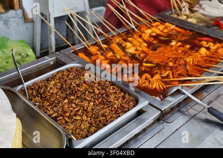 Pupa di bachi da seta - snack Street food a Busan, Corea del Sud. Insetti come cibo. Foto Stock