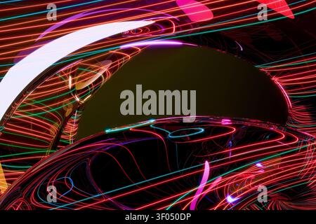 Rendering 3D astratto e futuristico con linee luminose al neon che tracciano curve riflettenti complesse e forme organiche. Flusso di dati dinamico in rosa, rosso, cy Foto Stock