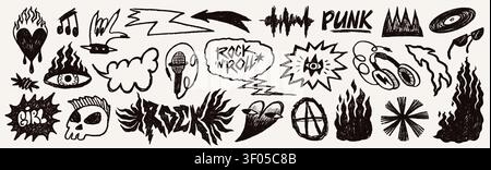 Set di elementi punk rock con icone musicali, fuoco, teschio e simboli gribbly grunge in stile disegnato a mano nero. Grafiche punk rock per adesivi Illustrazione Vettoriale