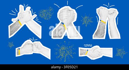 Messaggio di saluto di supporto per il collage con movimento a mano mezzitoni Unity Illustrazione Vettoriale