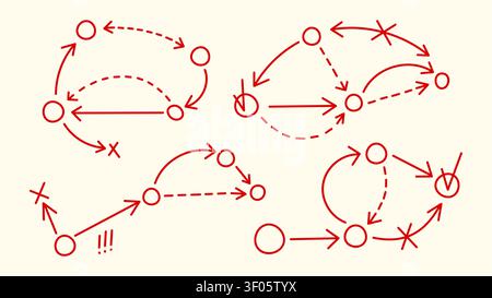 Diagrammi tattici sportivi con frecce strategiche, icone vettoriali rosse isolate su sfondo bianco. Schemi di gioco disegnati a mano, formazione del team e piano di gioco per le sessioni di allenamento del coach Illustrazione Vettoriale
