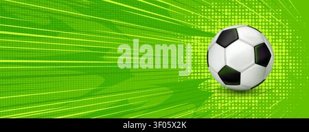 Modello banner sportivo con pallone da calcio e linee colorate. Sfondo vettoriale realistico del poster delle partite di calcio con design a mezzitoni ed effetto di movimento rapido, sfondo promozionale per tornei sportivi Illustrazione Vettoriale