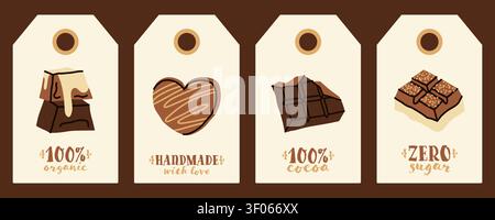 Etichette di cioccolato organico e modelli di etichette con elementi di caramelle dolci disegnati a mano per la progettazione dell'imballaggio dei prodotti Illustrazione Vettoriale