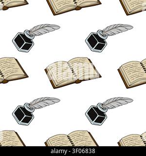 Motivo senza cuciture con libri aperti vintage e penne a penna in pozzetto d'inchiostro, illustrazione vettoriale disegnata a mano Illustrazione Vettoriale