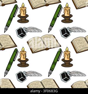 Pattern vettoriale senza cuciture con strumenti di scrittura vintage, libri aperti, pozzetti di inchiostro con penne e candele accese Illustrazione Vettoriale