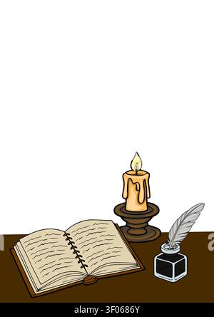 Illustrazione vettoriale da scrivania vintage con notebook aperto, penna a penna in inchiostro e candela in fiamme Illustrazione Vettoriale