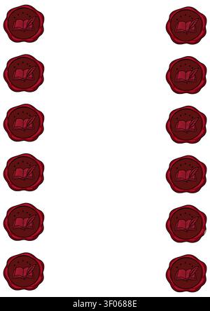 Bordo della guarnizione in cera rossa con illustrazione a libro aperto e quill, telaio vettoriale verticale Illustrazione Vettoriale