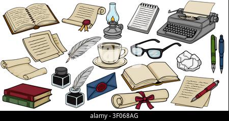 Set di strumenti di scrittura vintage e illustrazioni vettoriali di cancelleria con macchine da scrivere, trappole e libri Illustrazione Vettoriale